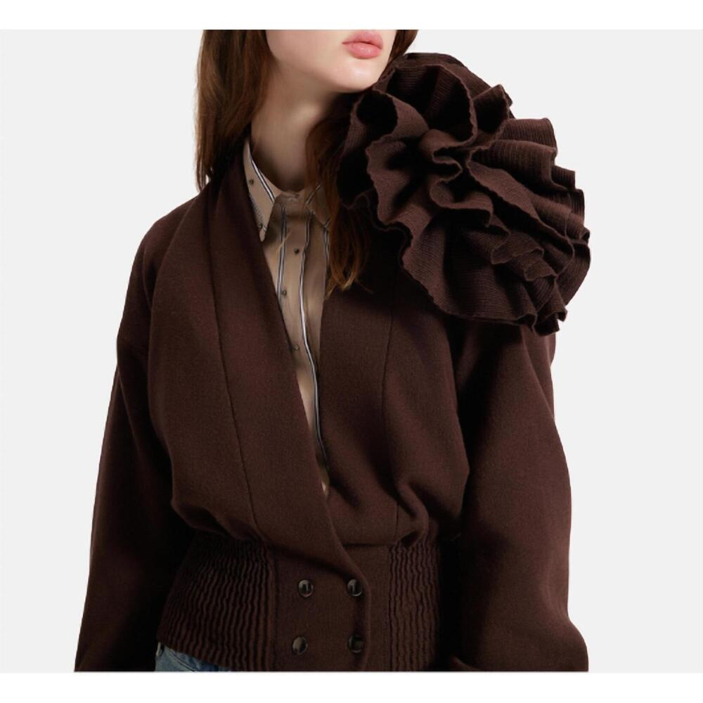 NEW THEO THE LABEL nomia ribbed waist rosette cardigan top in koffee